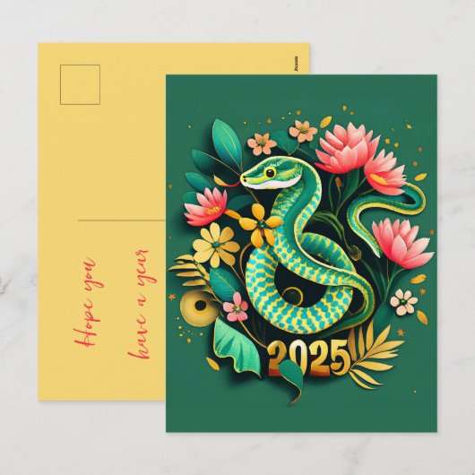 Chinees Nieuwjaar van de Houten Slang 2025 voor vr Feestdagenkaart (Voorkant / Achterkant)