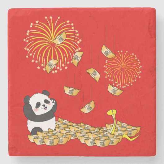 Chinees Nieuwjaar van de Slang 2025 Panda Stenen Onderzetter (Voorkant)