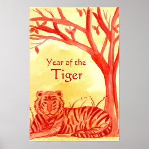 Chinees nieuwjaar van de Tiger Wildlife Cat Red Poster