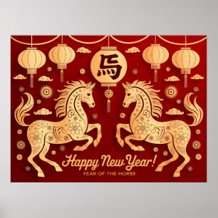 Chinees Nieuwjaar van het Paard 2026. Gelukkig Nie Poster