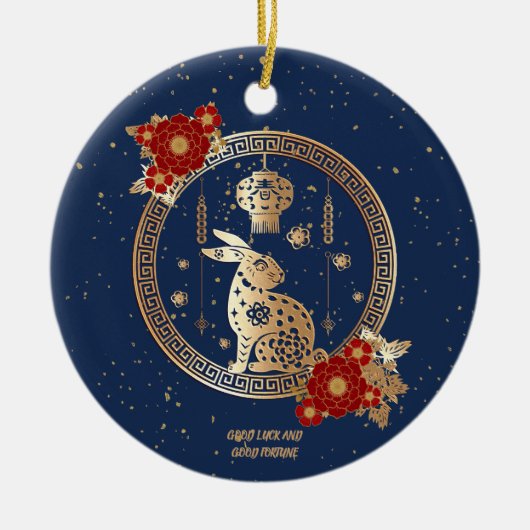 Chinees nieuwjaar van konijn 2023 Blue Gold Floral Keramisch Ornament (Voorkant)