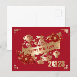 Chinees nieuwjaar van konijn 2023 Red Gold Floral Briefkaart
