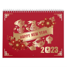 Chinees nieuwjaar van konijn 2023 Red Gold Floral Kalender