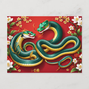 Chinees Nieuwjaar van Snake Red Gold Floral Feestdagenkaart
