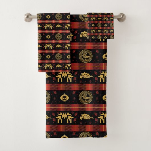 Chinees Nieuwjaar van Tiger Red Check Pattern Bad Handdoek (Insitu)
