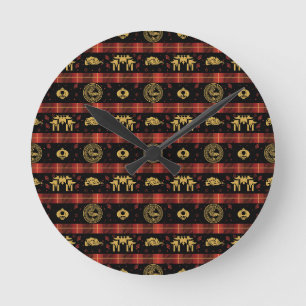 Chinees Nieuwjaar van Tiger Red Check Pattern Ronde Klok