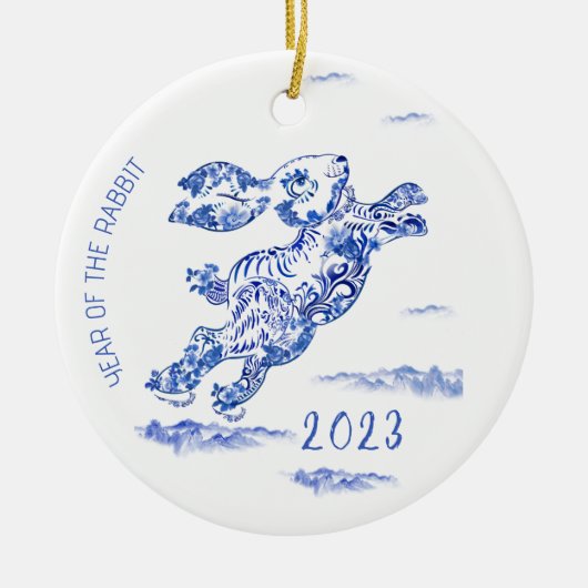 Chinees nieuwjaarsblauw konijn 2023 keramisch ornament (Voorkant)