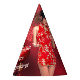 Chinees Nieuwjaarsmeisje met een rode paraplu Feesthoedjes