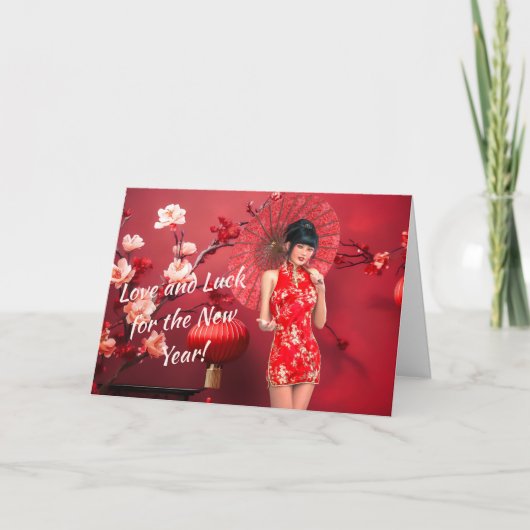 Chinees Nieuwjaarsmeisje met een rode paraplu Kaart (Voorkant)