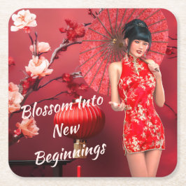 Chinees Nieuwjaarsmeisje met een rode paraplu Kartonnen Onderzetters