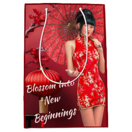 Chinees Nieuwjaarsmeisje met een rode paraplu Medium Cadeauzakje