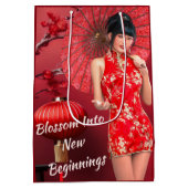 Chinees Nieuwjaarsmeisje met een rode paraplu Medium Cadeauzakje (Achterkant)