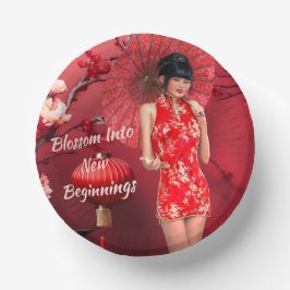 Chinees Nieuwjaarsmeisje met een rode paraplu Papieren Kommen