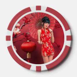 Chinees Nieuwjaarsmeisje met een rode paraplu Poker Chips
