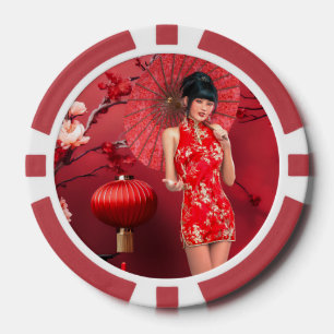 Chinees Nieuwjaarsmeisje met een rode paraplu Poker Chips