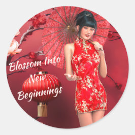 Chinees Nieuwjaarsmeisje met een rode paraplu Ronde Sticker