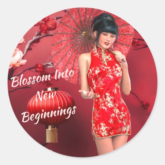Chinees Nieuwjaarsmeisje met een rode paraplu Ronde Sticker (Voorkant)