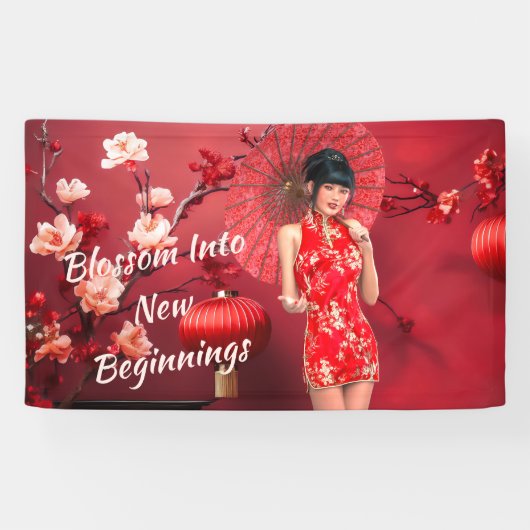 Chinees Nieuwjaarsmeisje met een rode paraplu Spandoek (Horizontaal)