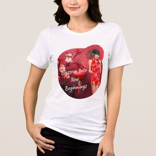 Chinees Nieuwjaarsmeisje met een rode paraplu Tri-Blend Shirt (Voorkant)