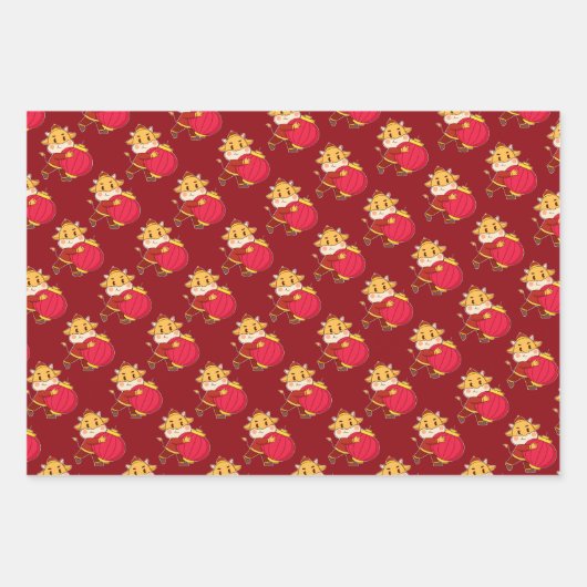 Chinees Oosters Rood Goud Gouden Zodiac Aziatisch Inpakpapier Vel (Voorkant 2)