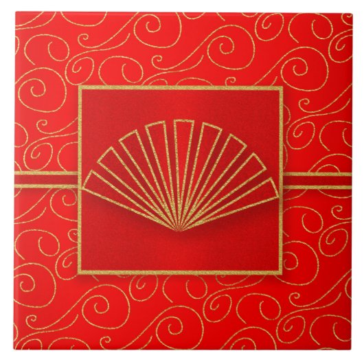Chinees Open Fan in Faux Gold Glitter en Red Tegeltje (Voorkant)