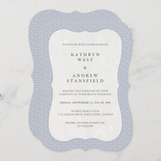 Chinees Paars blauw Japans Seigaiha Waves Weddensc Kaart (Voorkant / Achterkant)