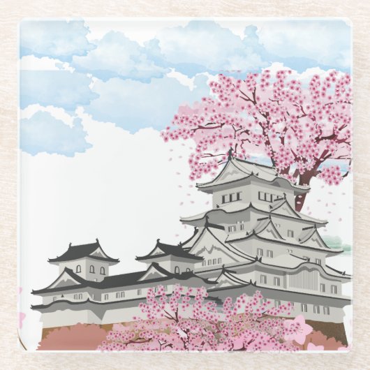 Chinees paleis met sakura bomen – Elegant Orient Glazen Onderzetter (Voorkant)