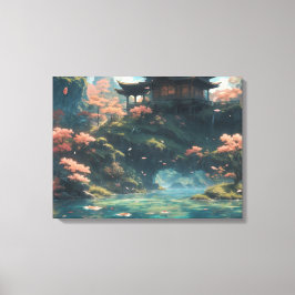 Chinees paleis op bloesem bloem berg schilderij canvas afdruk