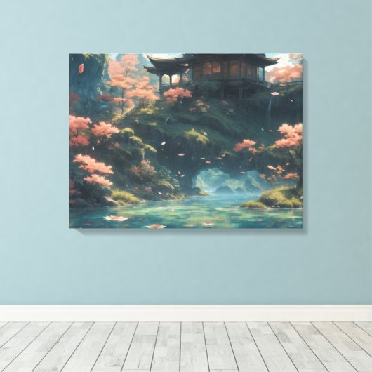 Chinees paleis op bloesem bloem berg schilderij canvas afdruk (Insitu (Houten vloer))
