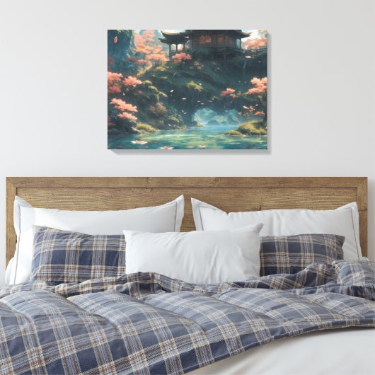 Chinees paleis op bloesem bloem berg schilderij canvas afdruk (Insitu (Slaapkamer))