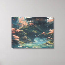 Chinees paleis op bloesem bloem berg schilderij canvas afdruk