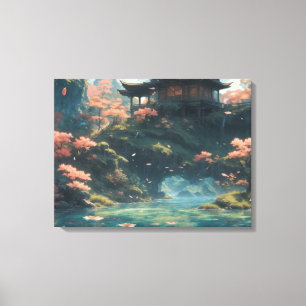 Chinees paleis op bloesem bloem berg schilderij canvas afdruk