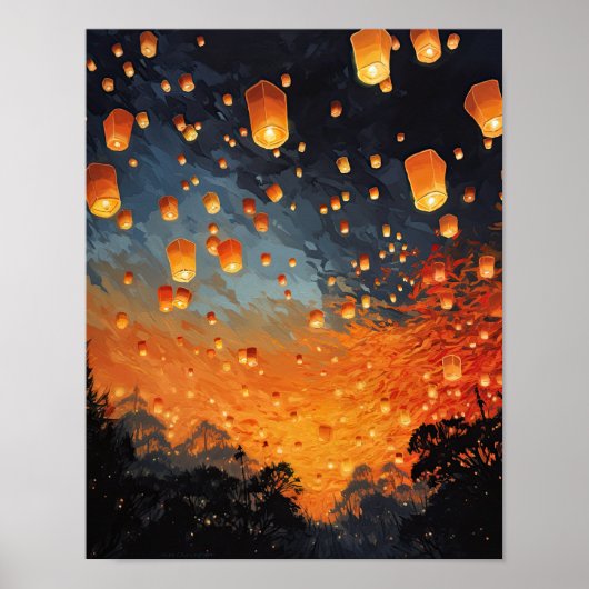 Chinees Papier Lantaarns Landscape Art Print Poste (Voorkant)