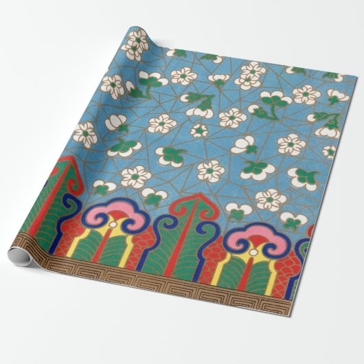 CHINEES PATROON VERPAKKEND DOCUMENT BLAUW EN ROOD CADEAUPAPIER (Uitgerold)