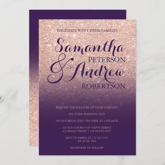 Chinees roos goudglitter paarse druiven bruiloft kaart (Voorkant / Achterkant)