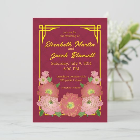 Chinees roze pinda's bruiloft kaart (Staand voorkant)