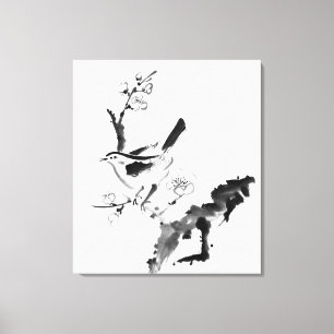 Chinees schilderen, pruimen en vogel canvas afdruk
