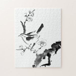 Chinees schilderen, pruimen en vogel legpuzzel