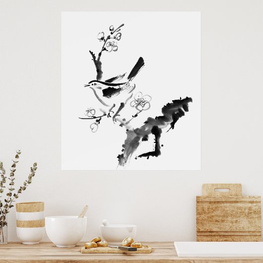 Chinees schilderen, pruimen en vogel poster (Keuken)