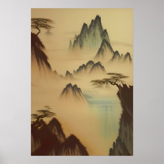 Chinees schilderij bergen en waterval poster (Voorkant)
