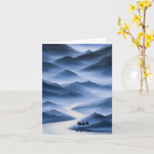 Chinees schilderij Blauw Misty Landschap Kaart (Gele Bloem)