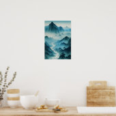 Chinees schilderij Blauwgroen Blauw Misty Landscap Poster (Keuken)
