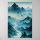 Chinees schilderij Blauwgroen Blauw Misty Landscap Poster (Voorkant)