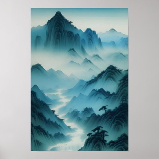 Chinees schilderij Blauwgroen Blauw Misty Landscap Poster (Voorkant)