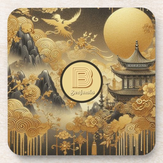 Chinees schilderij Faux Golden Dripping Monogramme Bier Onderzetter (Voorkant)