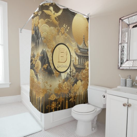 Chinees schilderij Faux Golden Dripping Monogramme Douchegordijn (In situ)