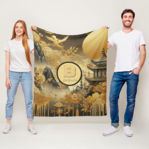 Chinees schilderij Faux Golden Dripping Monogramme Fleece Deken