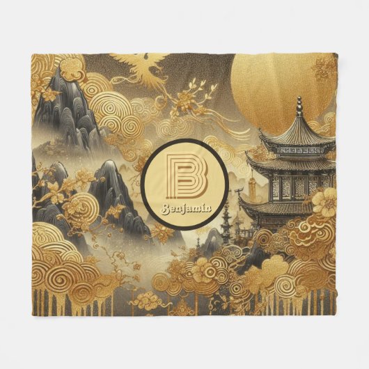 Chinees schilderij Faux Golden Dripping Monogramme Fleece Deken (Voorkant (Horizontaal))
