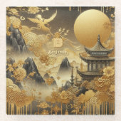 Chinees schilderij Faux Golden Dripping Monogramme Glazen Onderzetter (Voorkant)