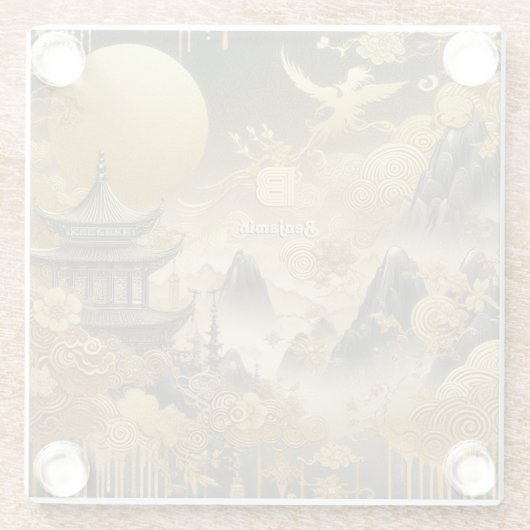 Chinees schilderij Faux Golden Dripping Monogramme Glazen Onderzetter (Achterkant)